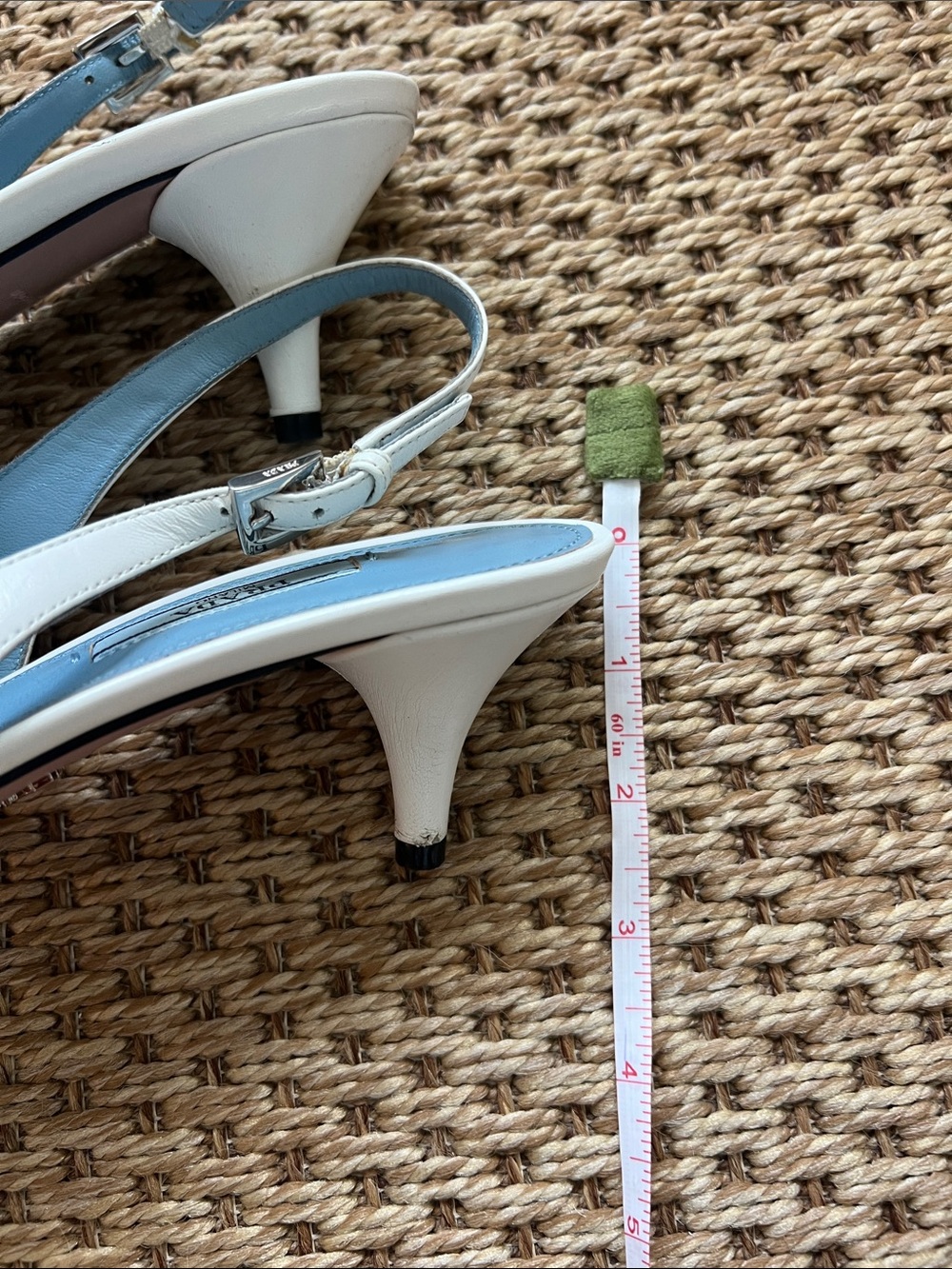 Prada White Leather Pointed Slingback Kitten Heels with Blue Prada Bow! - Picture 11 of 12